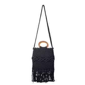 Danielle Nicole Macrame Handbag Women Cotton Black Boho Wood Ring Handle Cross